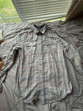 💚3/$25 CCS Small Men's Plaid Button-Up Shirt in Gray with Subtle Stripes